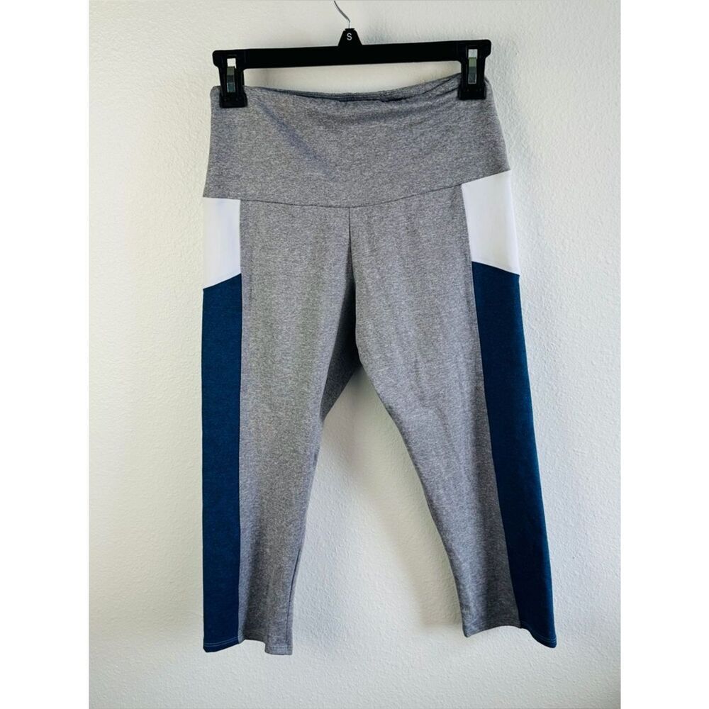 Onzie Blue Gray White Color Block Crop Leggings Size M/L